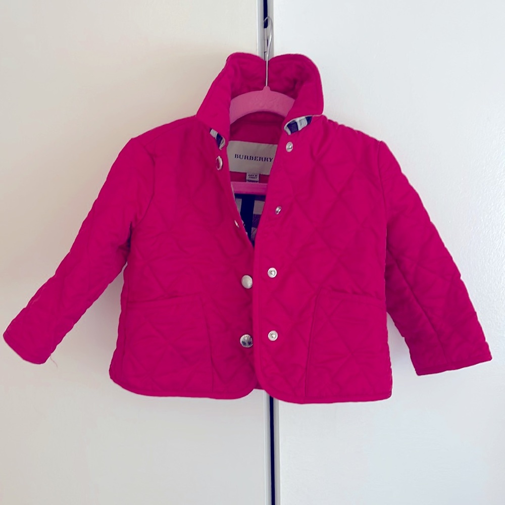 Bright Pink Burberry quilted coat with Burberry tartan lining & collar 12 months